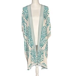 DOKOTOO Aqua Ivory Print Chiffon Kimono Cover Up Pom Trim One Size Boho NWT